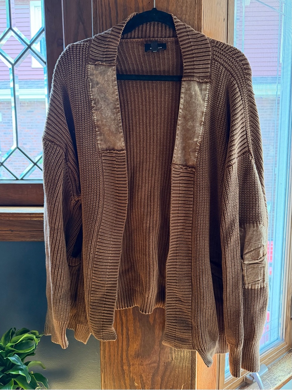 Heyson Brown Ribbed Knit Open Cardigan Suede Patch Size 1XL NWOT